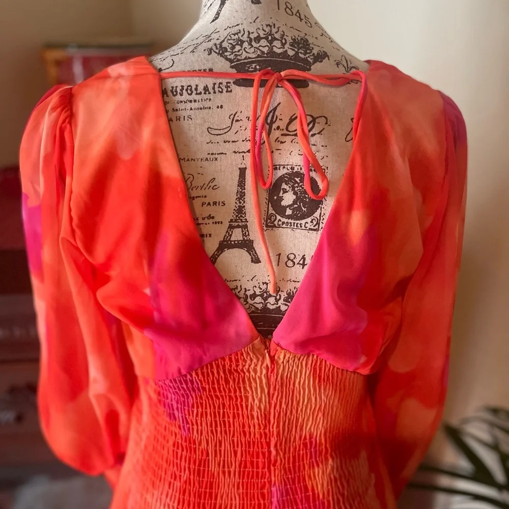 ~ All About May ~ Sunset Watercolor Smocked Chiffon Dress ~ US 6 - Picture 4 of 7